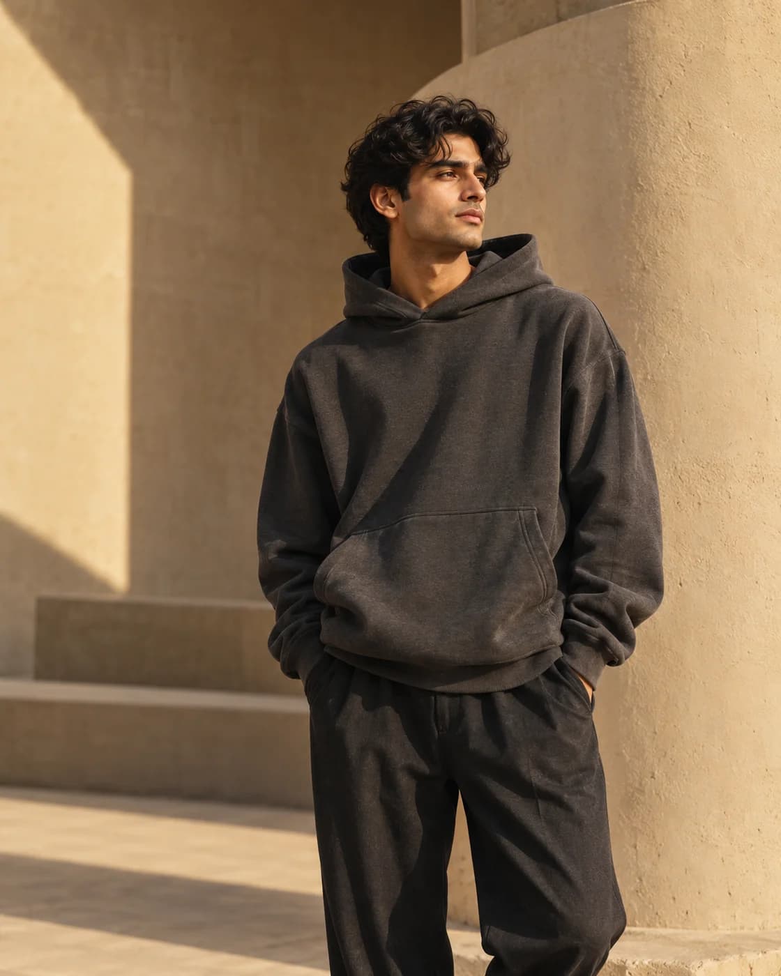 Editorial casualwear mood: charcoal layers in warm sunlight